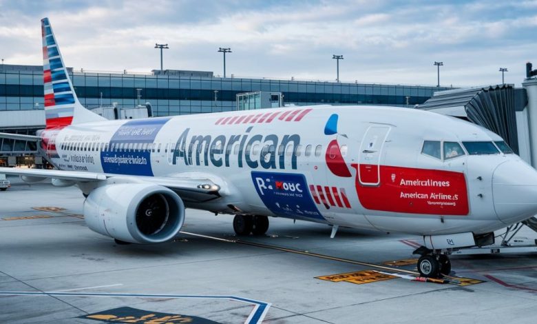 American Airlines Flight 457Q soaring in the sky with a clear, blue background